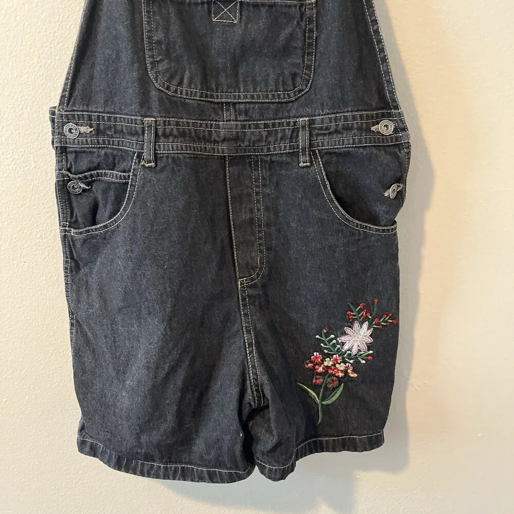 Vtg Denim Overall Shorts Black Grey Embroidered Y2K Kid Core Grunge‎ Goth 90s